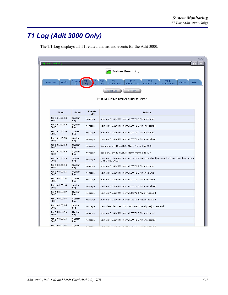 T1 log (adit 3000 only), T1 log (adit 3000 only) -7 | Carrier Access Multi-Service Router (MSR) Card MSR/Adit 3K GUI User Manual | Page 201 / 262