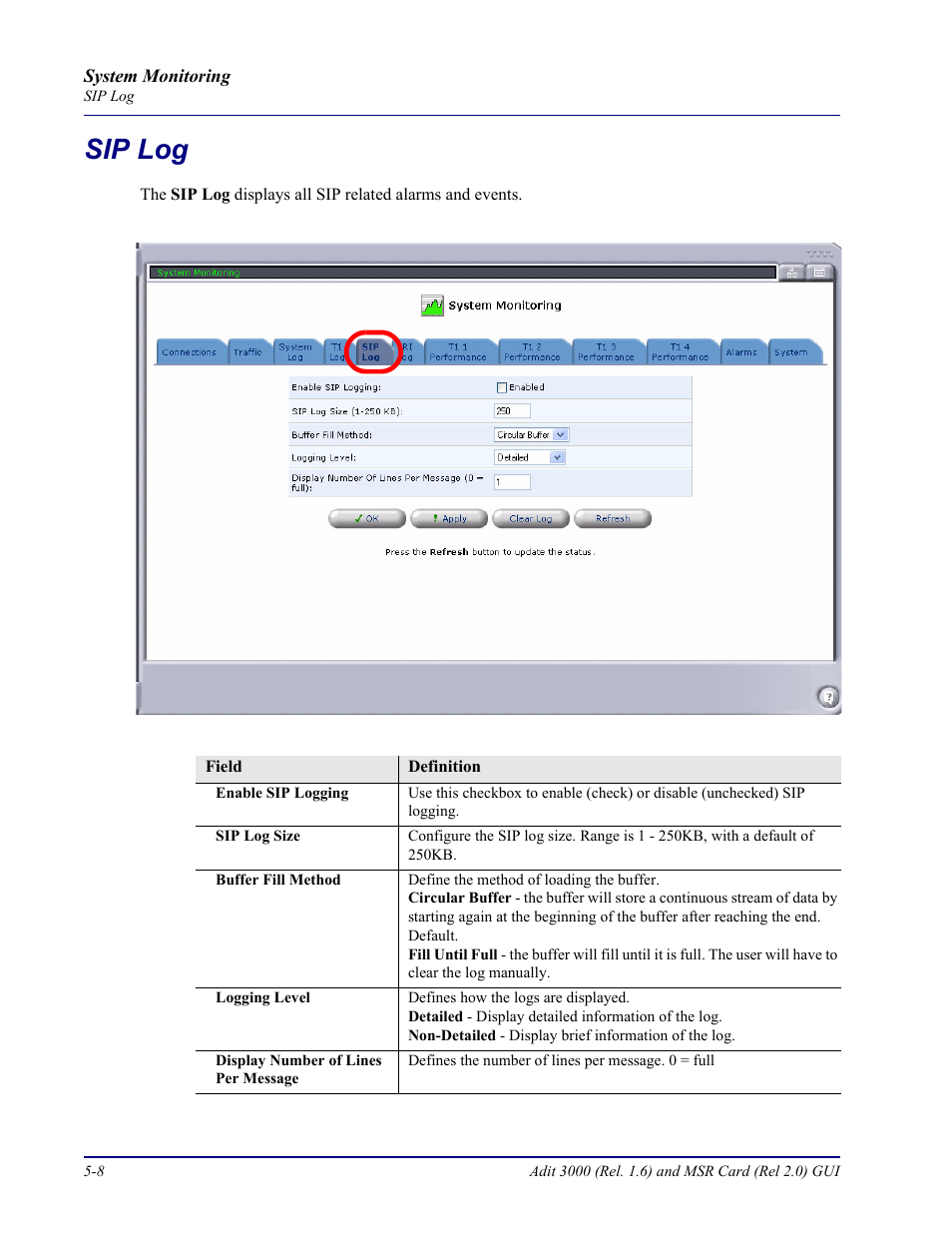 Sip log, Sip log -8 | Carrier Access Multi-Service Router (MSR) Card MSR/Adit 3K GUI User Manual | Page 202 / 262