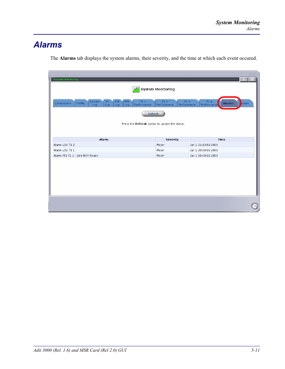 Alarms, Alarms -11 | Carrier Access Multi-Service Router (MSR) Card MSR/Adit 3K GUI User Manual | Page 205 / 262