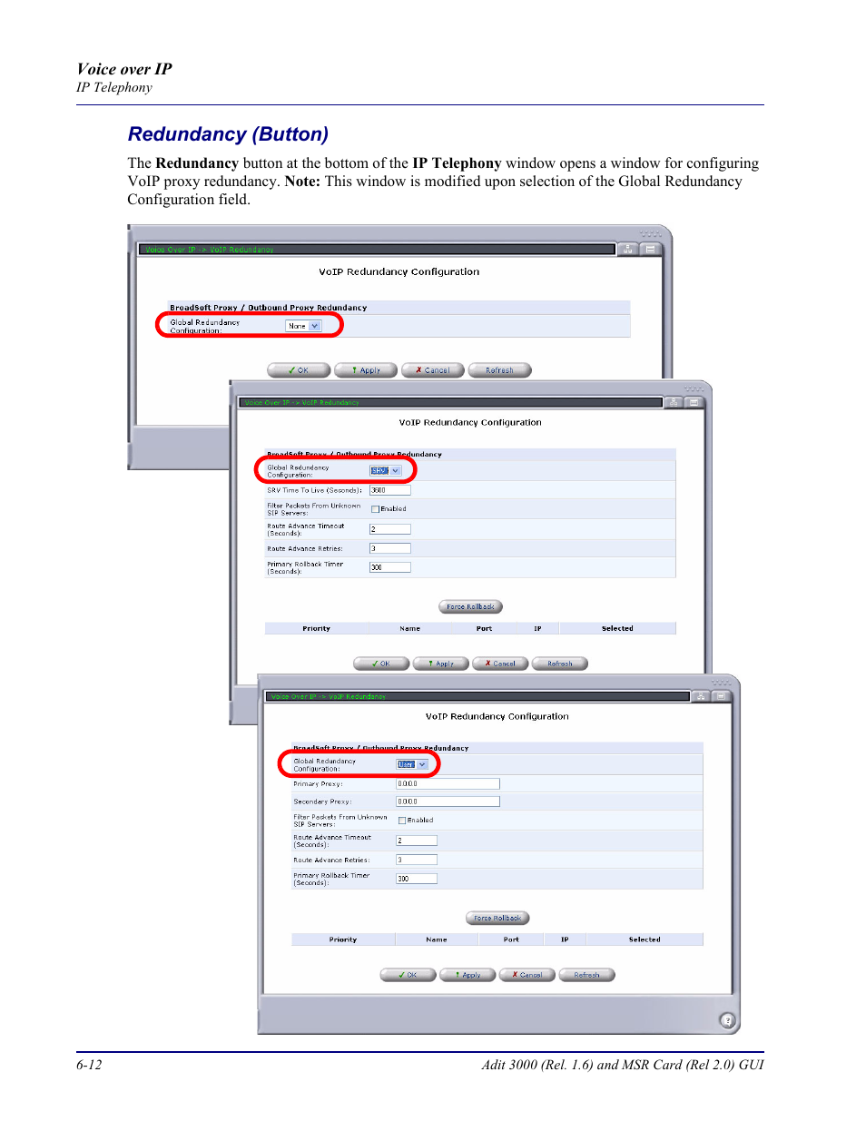 Redundancy (button), Redundancy (button) -12 | Carrier Access Multi-Service Router (MSR) Card MSR/Adit 3K GUI User Manual | Page 218 / 262