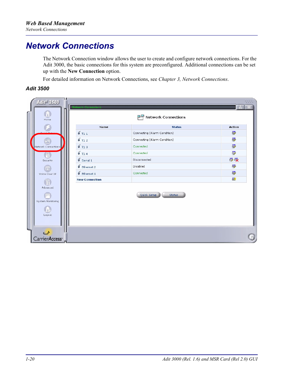 Network connections, Main window, Network connections -20 | Main window -20 | Carrier Access Multi-Service Router (MSR) Card MSR/Adit 3K GUI User Manual | Page 28 / 262