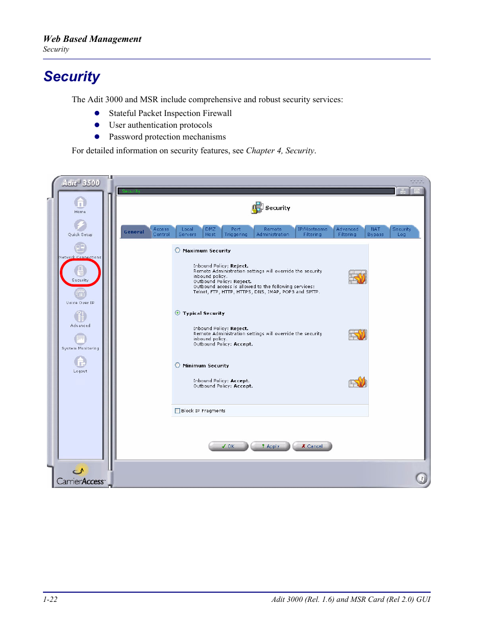 Security, Security -22 | Carrier Access Multi-Service Router (MSR) Card MSR/Adit 3K GUI User Manual | Page 30 / 262