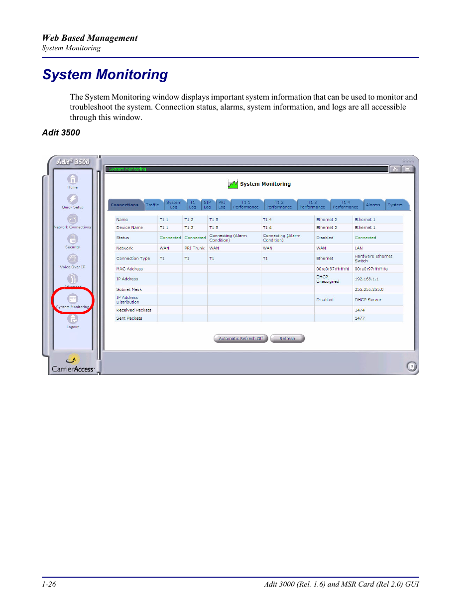 System monitoring, System monitoring -26 | Carrier Access Multi-Service Router (MSR) Card MSR/Adit 3K GUI User Manual | Page 34 / 262