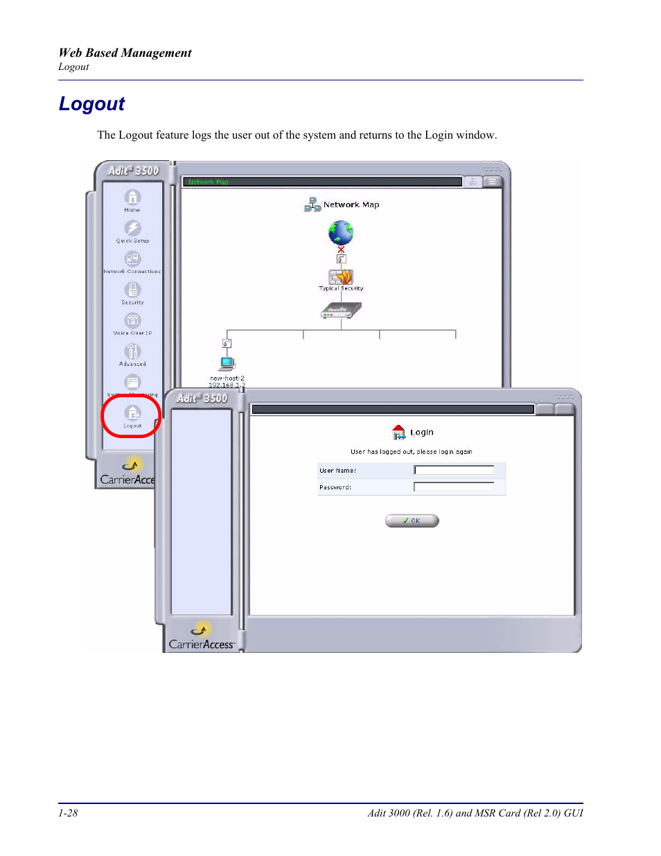 Logout, Logout -28 | Carrier Access Multi-Service Router (MSR) Card MSR/Adit 3K GUI User Manual | Page 36 / 262