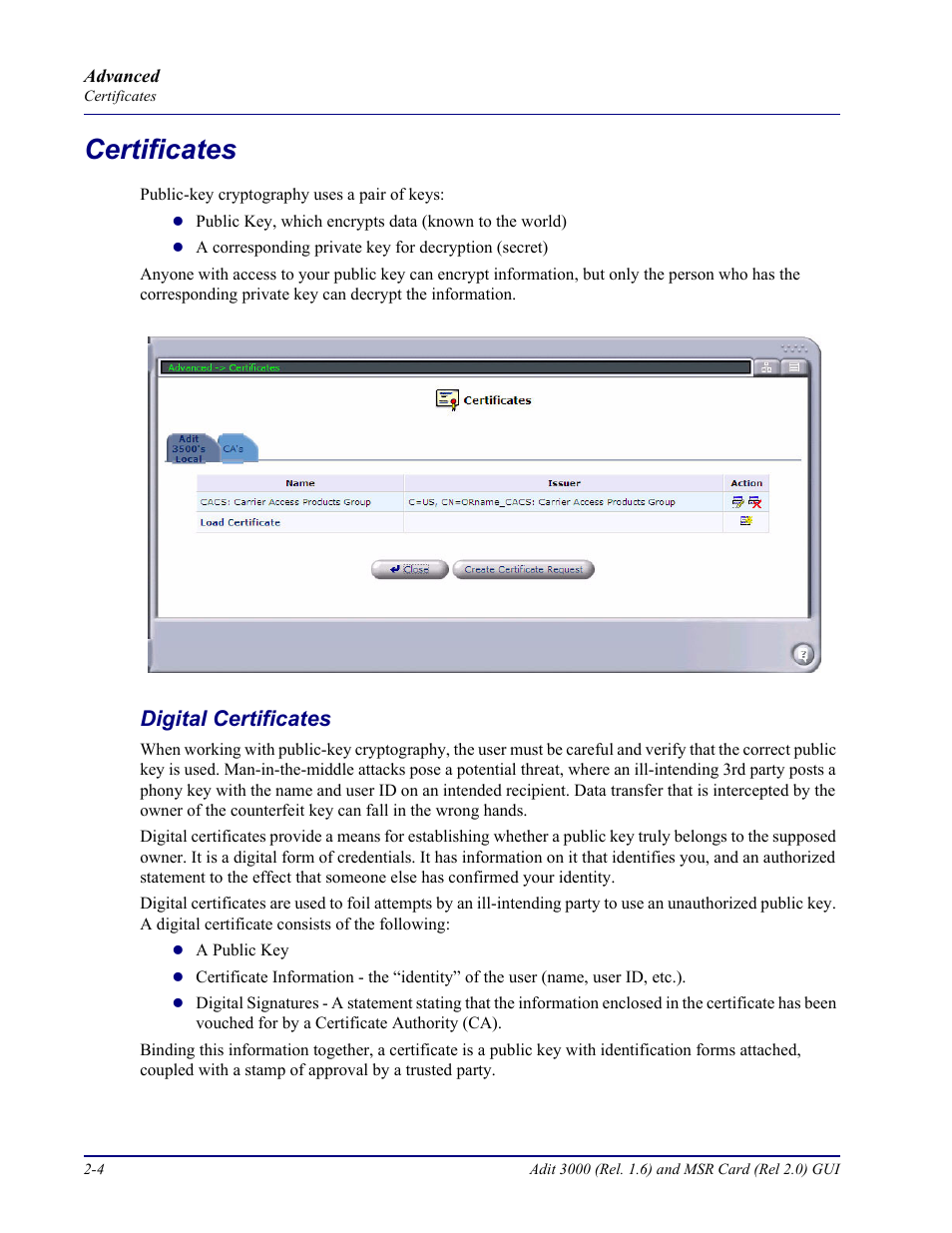 Certificates, Digital certificates, Certificates -4 | Digital certificates -4 | Carrier Access Multi-Service Router (MSR) Card MSR/Adit 3K GUI User Manual | Page 40 / 262