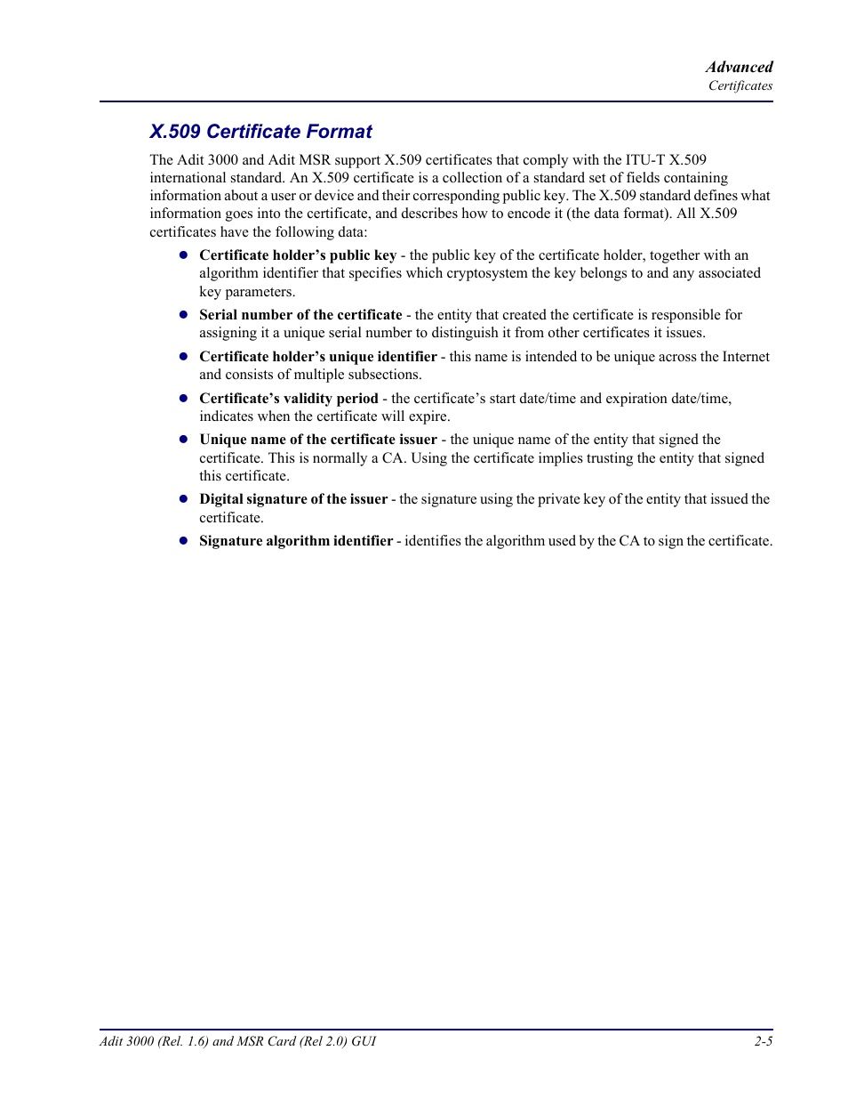 X.509 certificate format, X.509 certificate format -5 | Carrier Access Multi-Service Router (MSR) Card MSR/Adit 3K GUI User Manual | Page 41 / 262