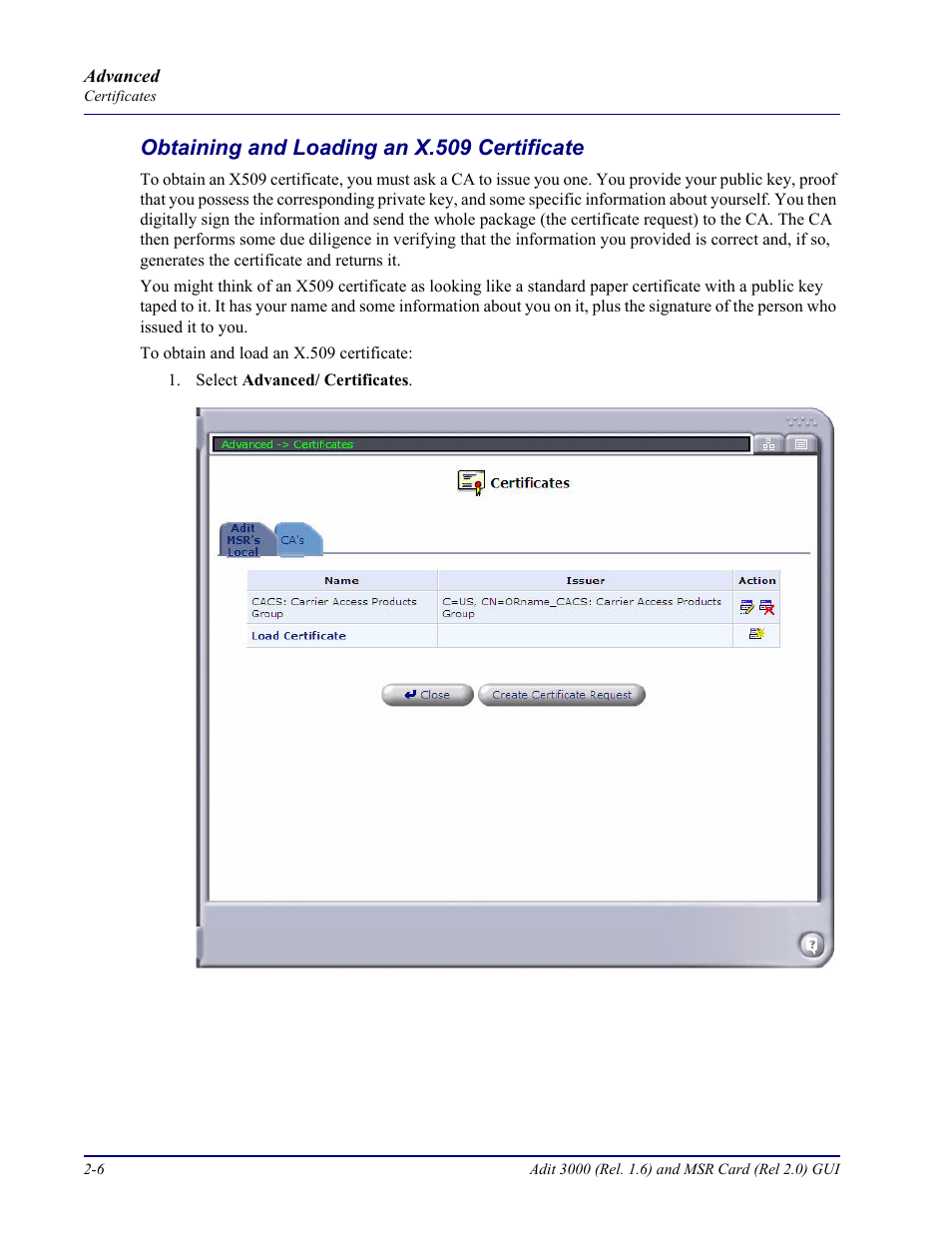Obtaining and loading an x.509 certificate, Obtaining and loading an x.509 certificate -6 | Carrier Access Multi-Service Router (MSR) Card MSR/Adit 3K GUI User Manual | Page 42 / 262