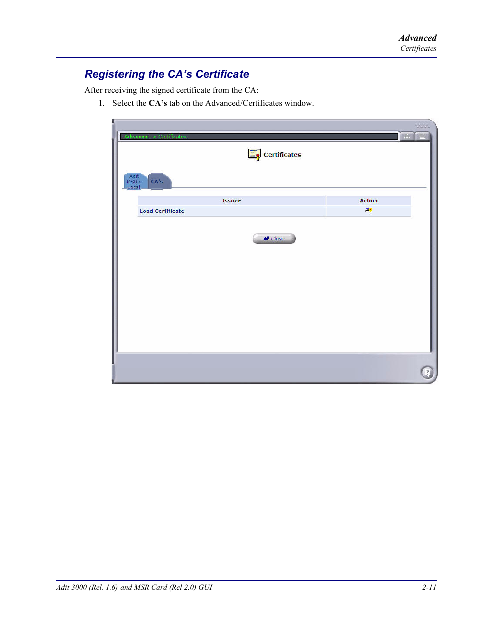 Registering the ca’s certificate, Registering the ca’s certificate -11 | Carrier Access Multi-Service Router (MSR) Card MSR/Adit 3K GUI User Manual | Page 47 / 262