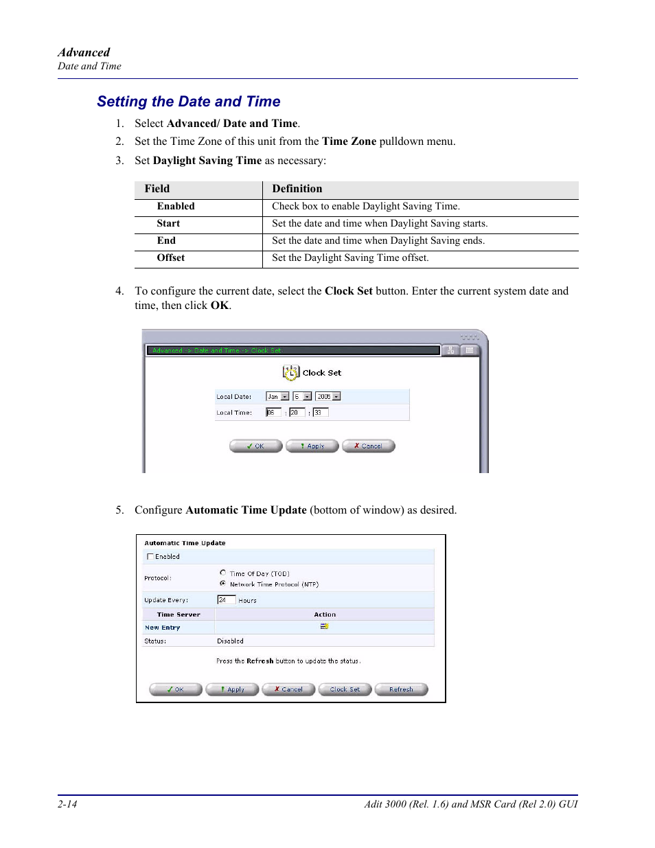 Setting the date and time, Setting the date and time -14 | Carrier Access Multi-Service Router (MSR) Card MSR/Adit 3K GUI User Manual | Page 50 / 262