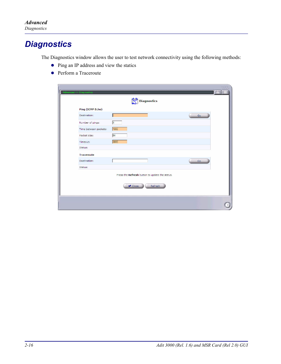 Diagnostics, Diagnostics -16 | Carrier Access Multi-Service Router (MSR) Card MSR/Adit 3K GUI User Manual | Page 52 / 262