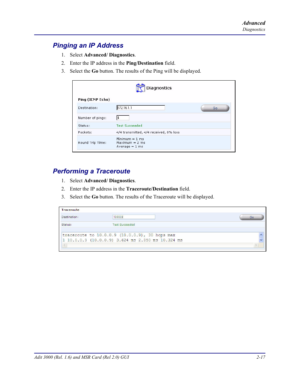Pinging an ip address, Performing a traceroute | Carrier Access Multi-Service Router (MSR) Card MSR/Adit 3K GUI User Manual | Page 53 / 262