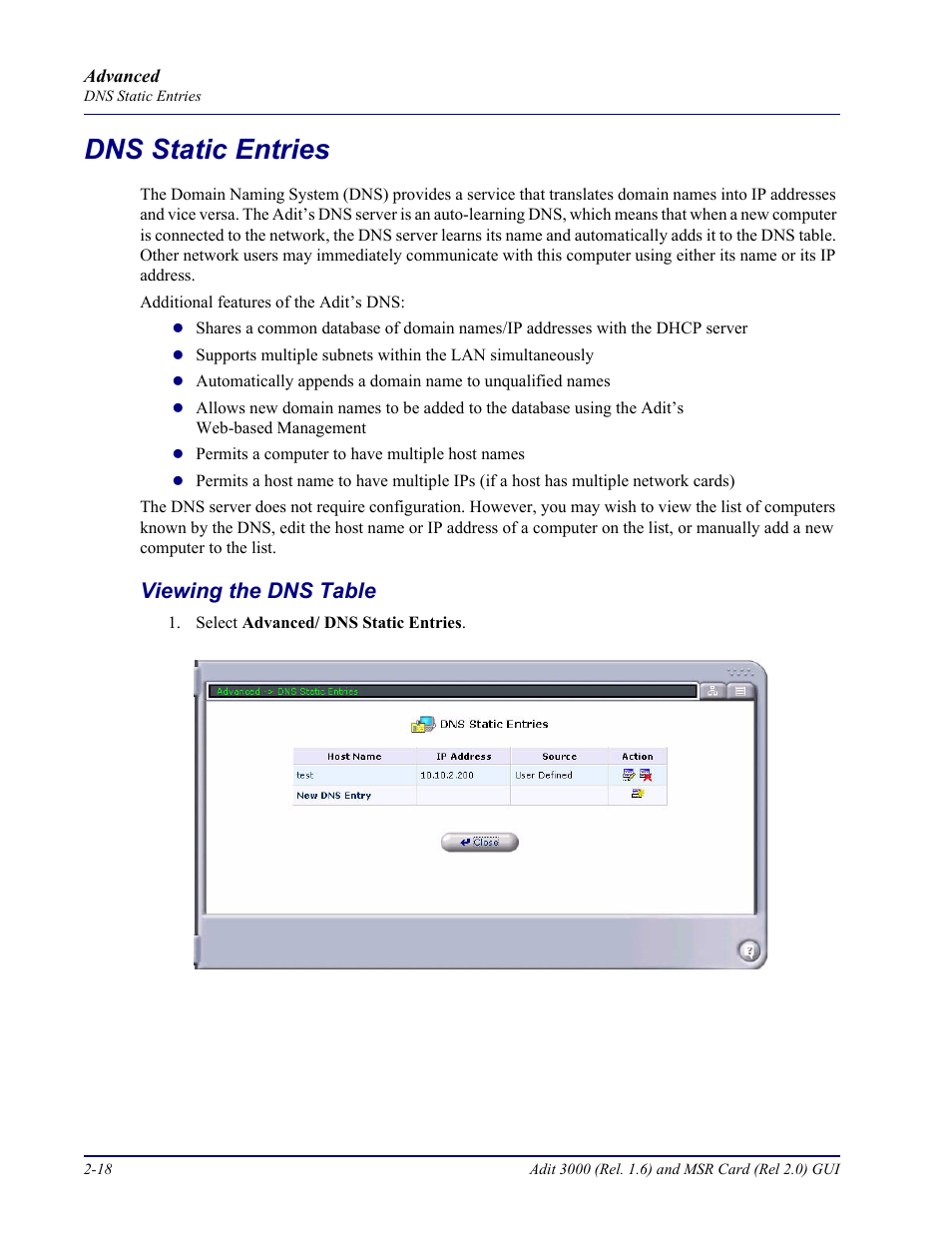 Dns static entries, Viewing the dns table, Dns static entries -18 | Viewing the dns table -18 | Carrier Access Multi-Service Router (MSR) Card MSR/Adit 3K GUI User Manual | Page 54 / 262
