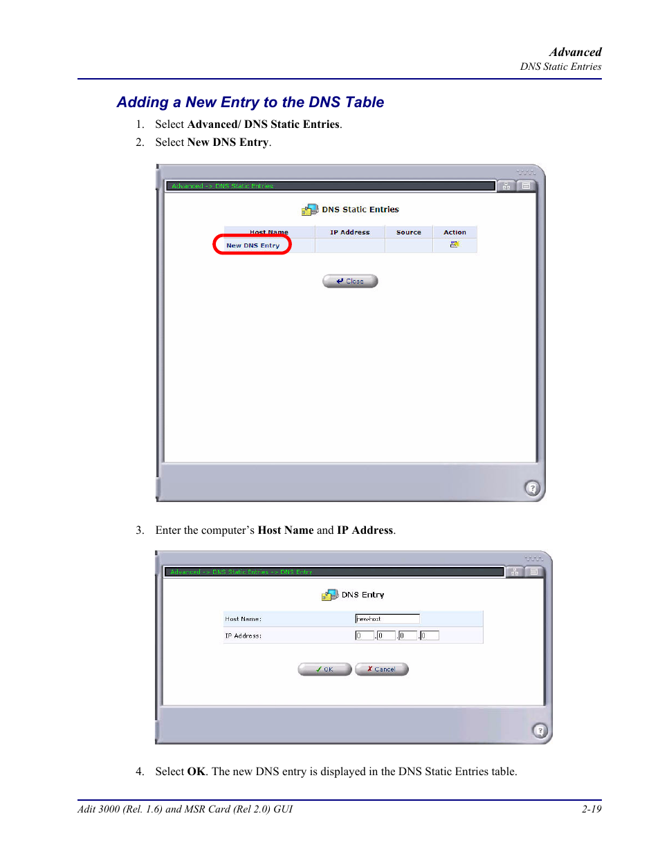 Adding a new entry to the dns table, Adding a new entry to the dns table -19 | Carrier Access Multi-Service Router (MSR) Card MSR/Adit 3K GUI User Manual | Page 55 / 262