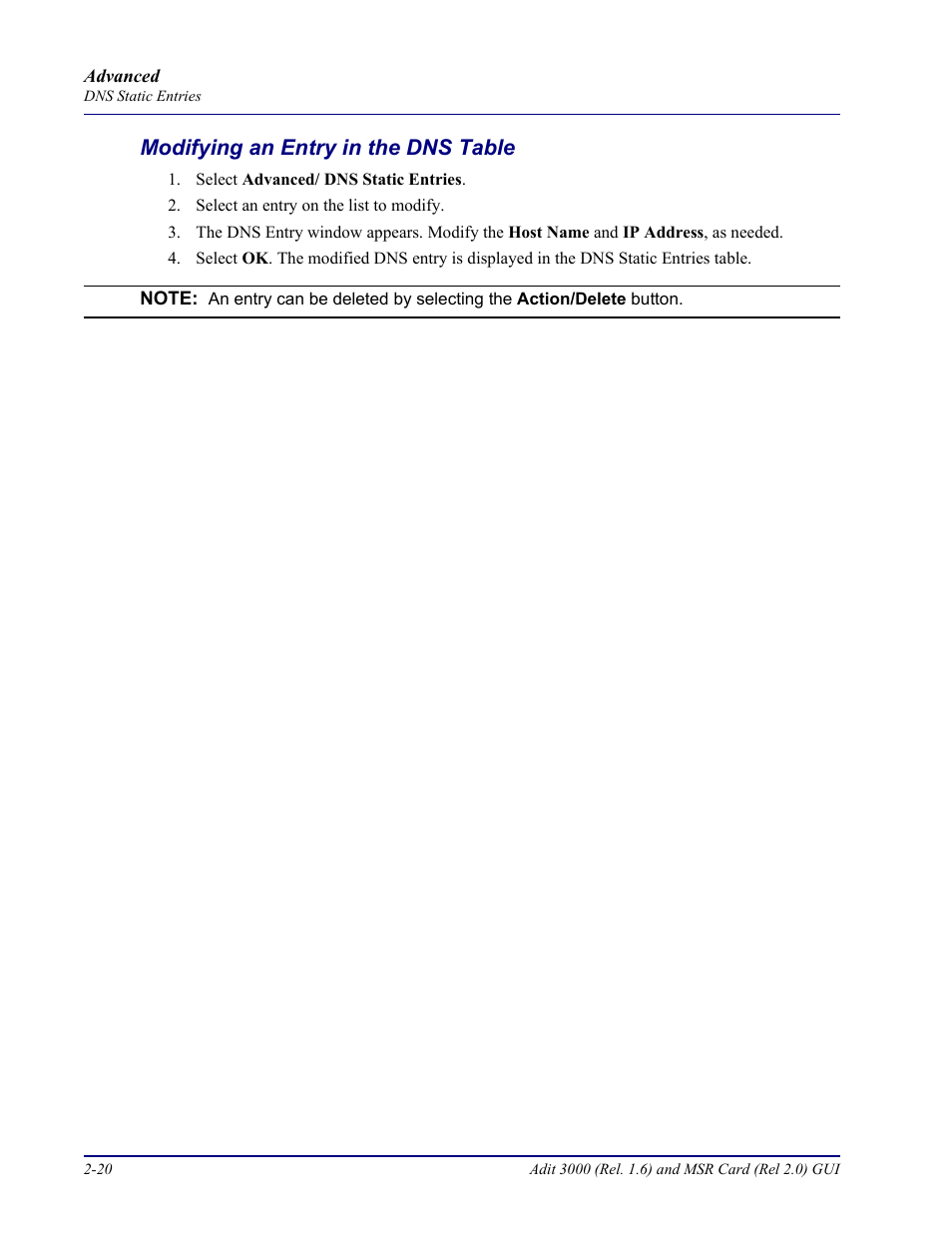 Modifying an entry in the dns table, Modifying an entry in the dns table -20 | Carrier Access Multi-Service Router (MSR) Card MSR/Adit 3K GUI User Manual | Page 56 / 262