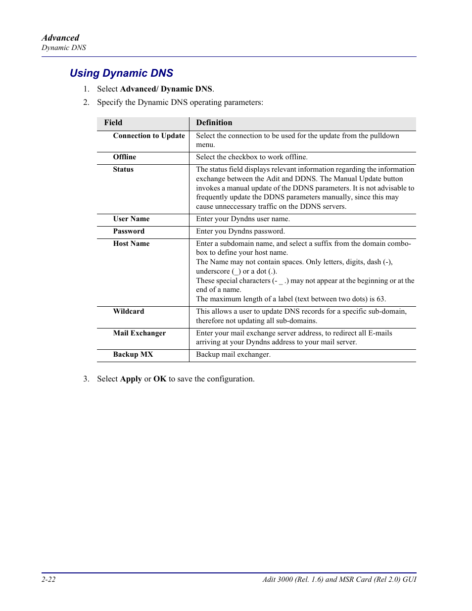 Using dynamic dns, Using dynamic dns -22 | Carrier Access Multi-Service Router (MSR) Card MSR/Adit 3K GUI User Manual | Page 58 / 262