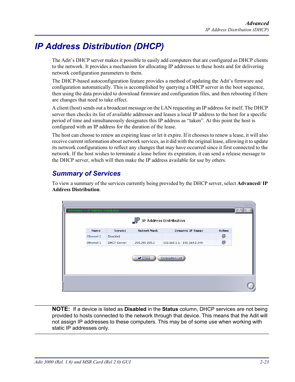 Ip address distribution (dhcp), Summary of services, Ip address distribution (dhcp) -23 | Summary of services -23 | Carrier Access Multi-Service Router (MSR) Card MSR/Adit 3K GUI User Manual | Page 59 / 262