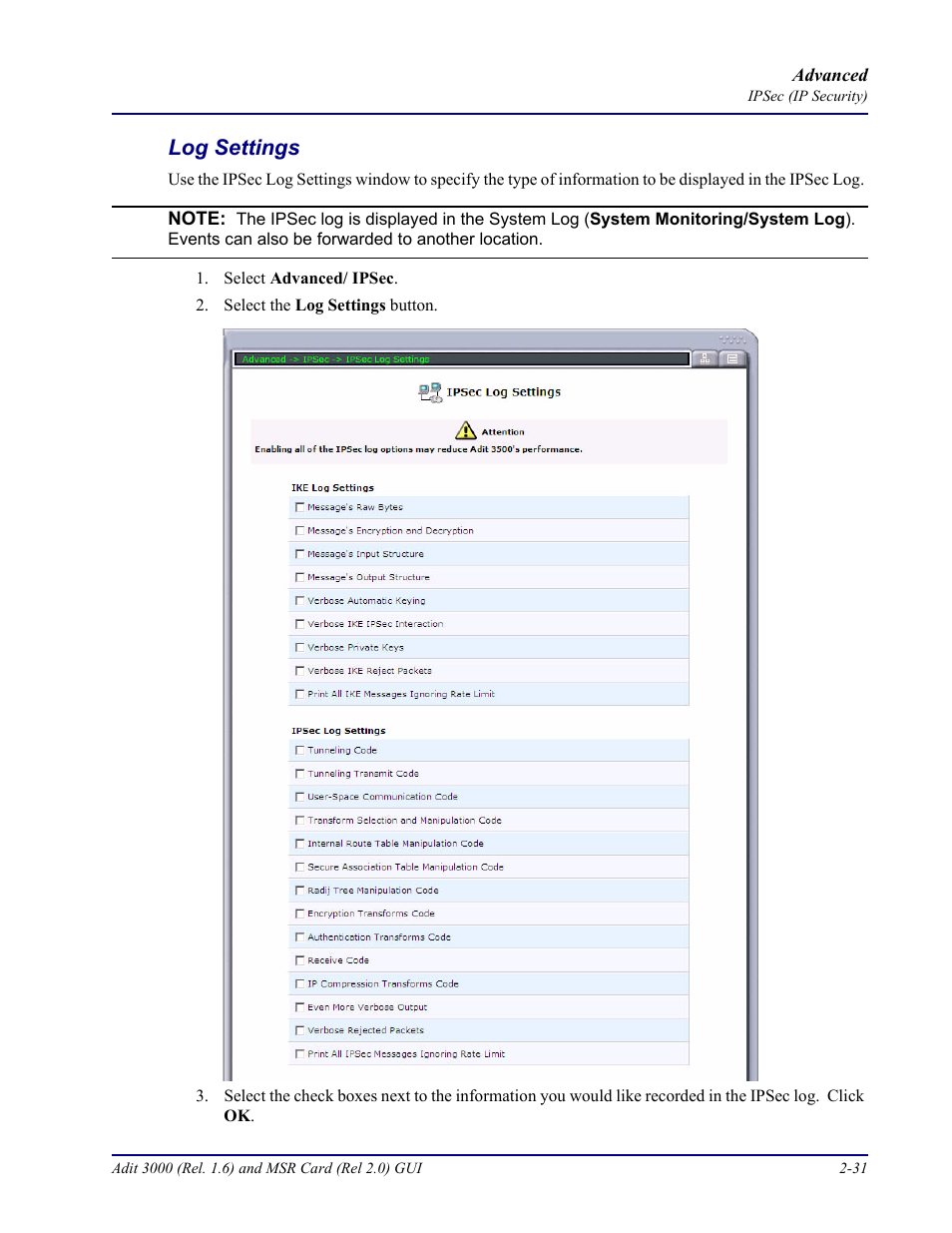 Log settings, Log settings -31 | Carrier Access Multi-Service Router (MSR) Card MSR/Adit 3K GUI User Manual | Page 67 / 262