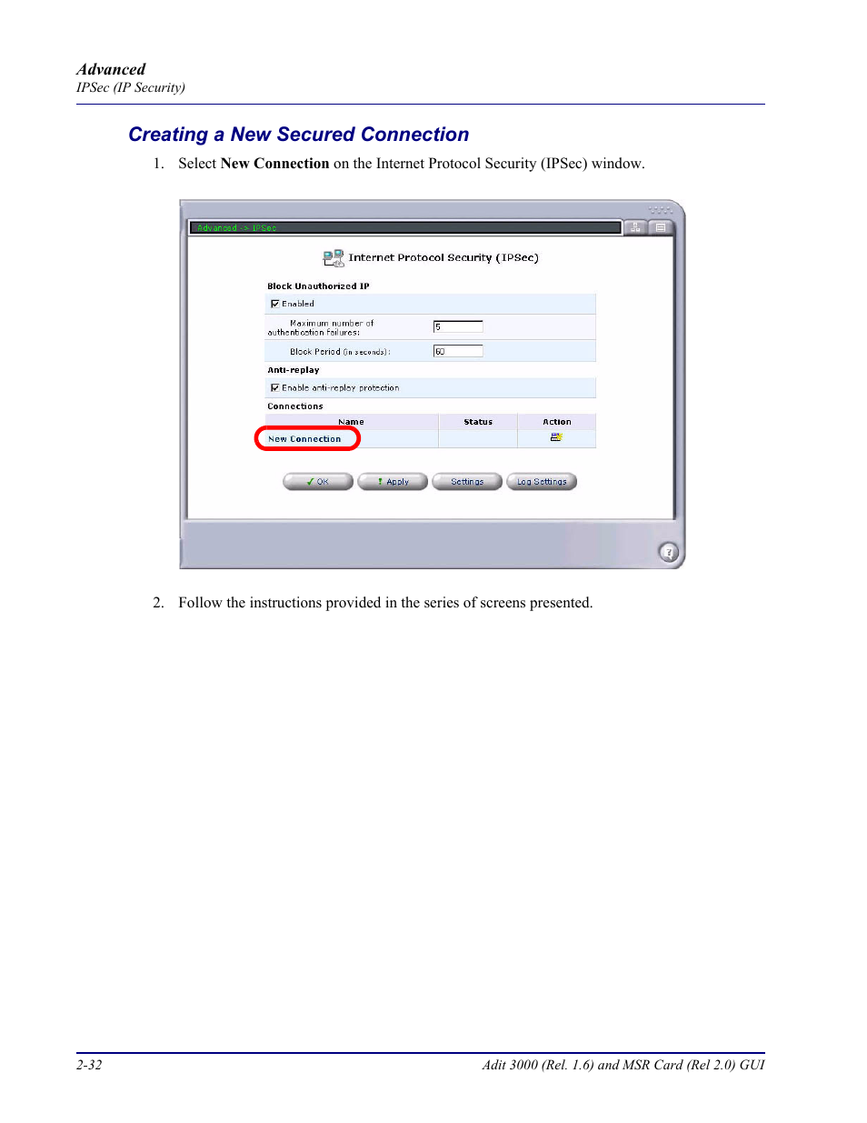 Creating a new secured connection, Creating a new secured connection -32 | Carrier Access Multi-Service Router (MSR) Card MSR/Adit 3K GUI User Manual | Page 68 / 262