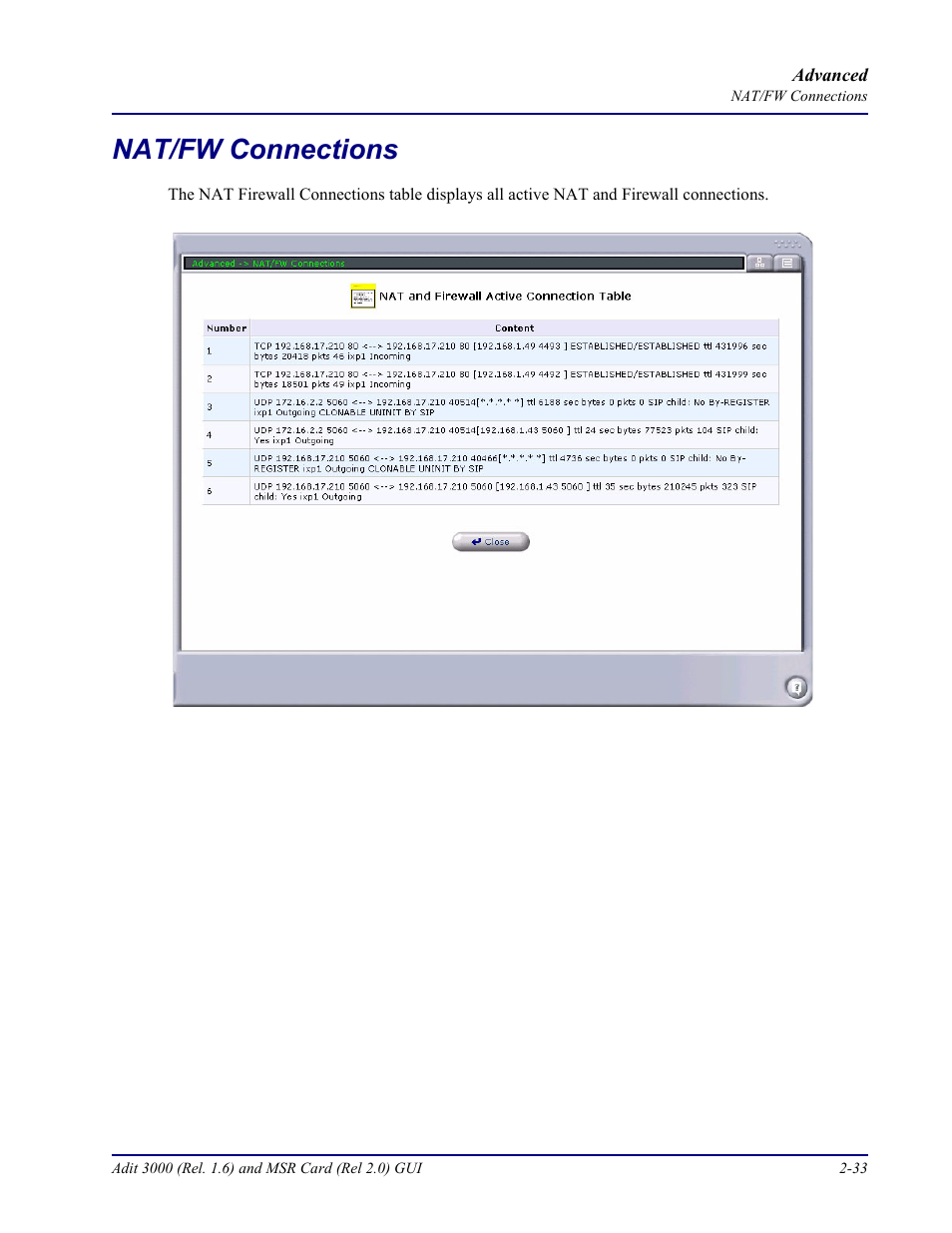 Nat/fw connections, Nat/fw connections -33 | Carrier Access Multi-Service Router (MSR) Card MSR/Adit 3K GUI User Manual | Page 69 / 262