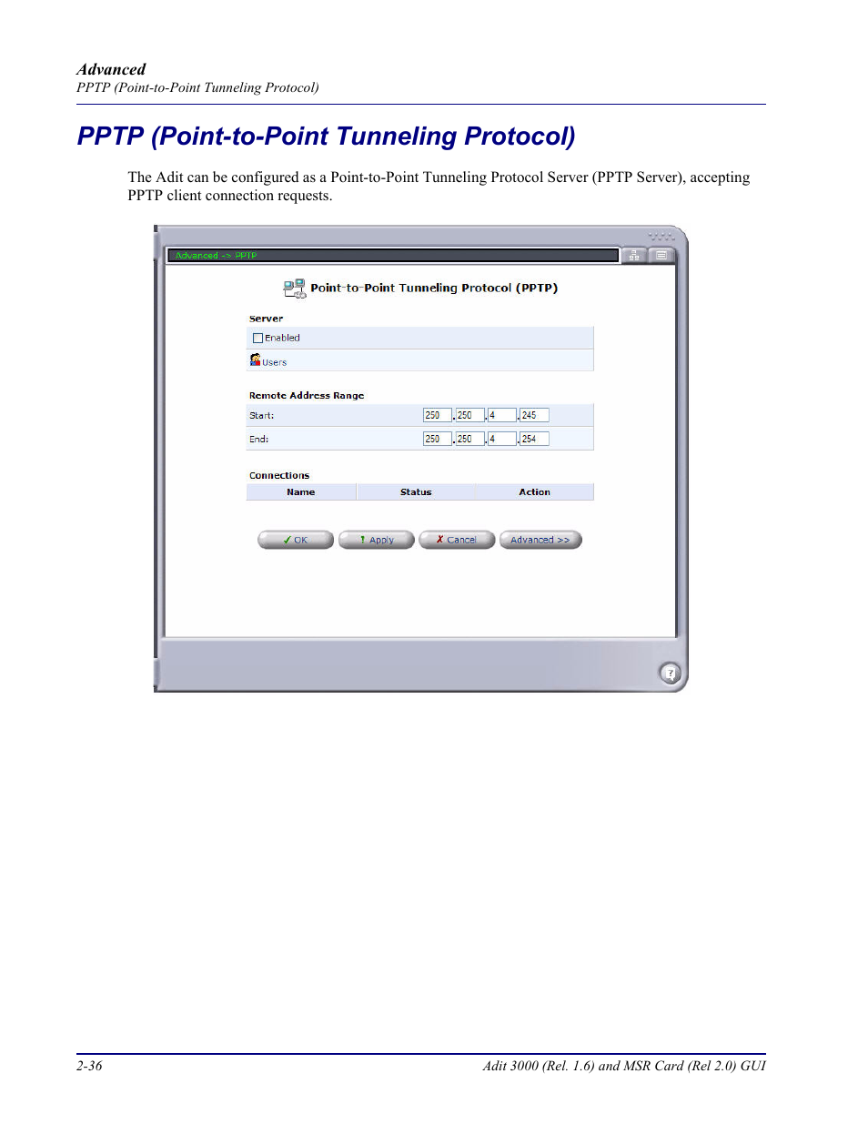 Pptp (point-to-point tunneling protocol), Pptp (point-to-point tunneling protocol) -36 | Carrier Access Multi-Service Router (MSR) Card MSR/Adit 3K GUI User Manual | Page 72 / 262