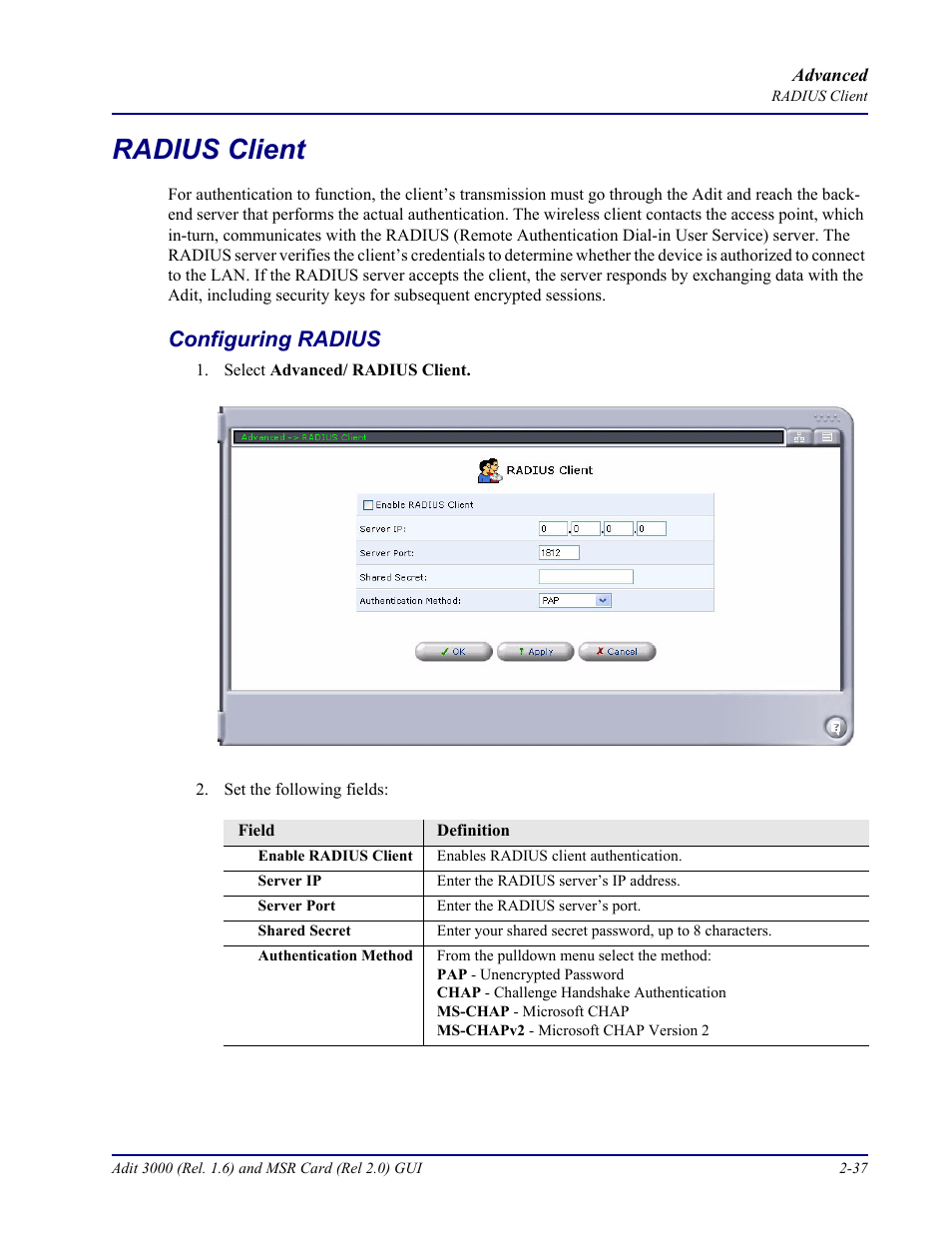 Radius client, Configuring radius, Radius client -37 | Configuring radius -37 | Carrier Access Multi-Service Router (MSR) Card MSR/Adit 3K GUI User Manual | Page 73 / 262