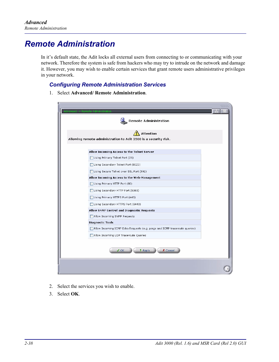 Remote administration, Remote administration -38 | Carrier Access Multi-Service Router (MSR) Card MSR/Adit 3K GUI User Manual | Page 74 / 262