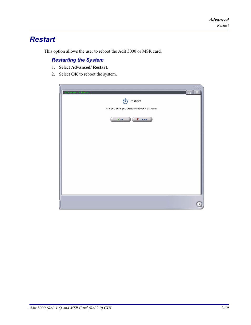 Restart, Restart -39 | Carrier Access Multi-Service Router (MSR) Card MSR/Adit 3K GUI User Manual | Page 75 / 262