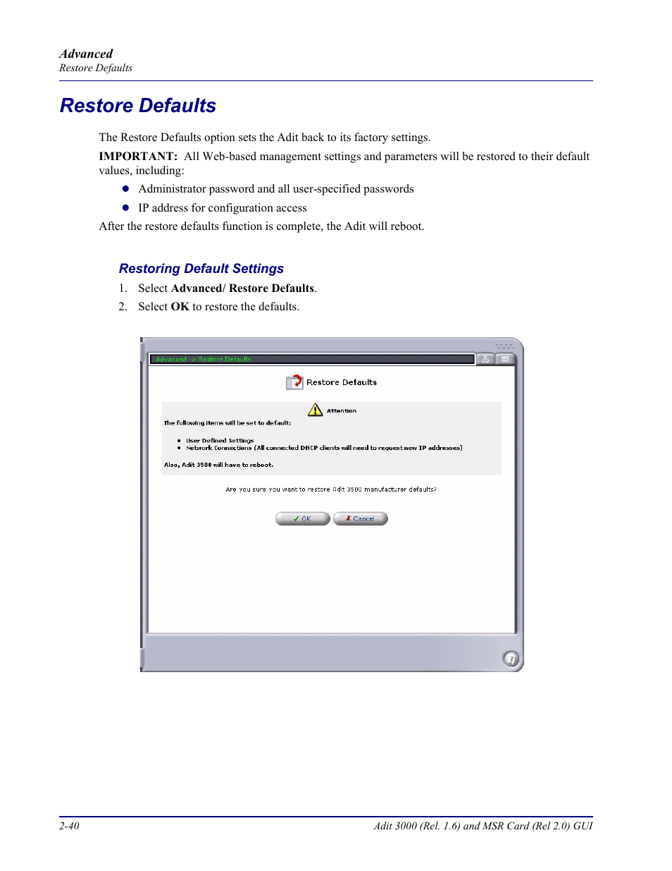 Restore defaults, Restore defaults -40 | Carrier Access Multi-Service Router (MSR) Card MSR/Adit 3K GUI User Manual | Page 76 / 262