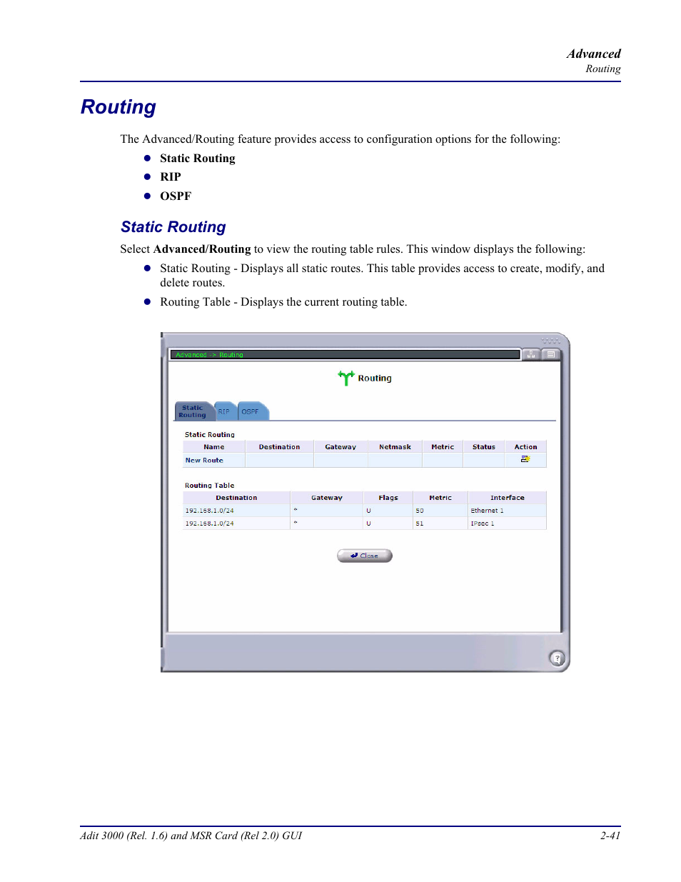 Routing, Static routing, Routing -41 | Static routing -41 | Carrier Access Multi-Service Router (MSR) Card MSR/Adit 3K GUI User Manual | Page 77 / 262