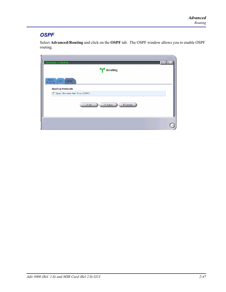 Ospf, Ospf -47 | Carrier Access Multi-Service Router (MSR) Card MSR/Adit 3K GUI User Manual | Page 83 / 262