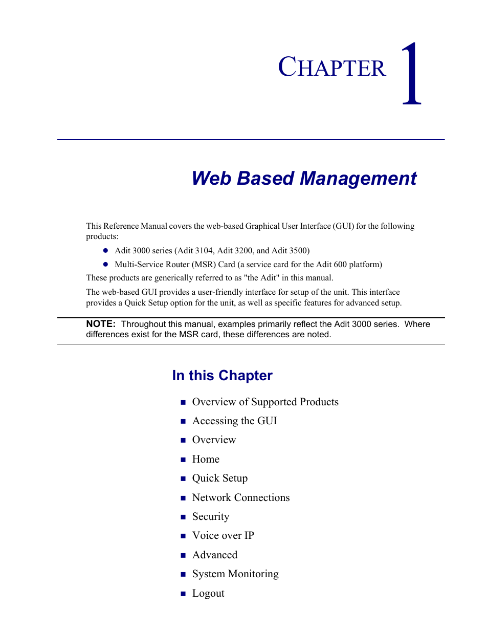 1–web based management, Web based management, Hapter | Carrier Access Multi-Service Router (MSR) Card MSR/Adit 3K GUI User Manual | Page 9 / 262