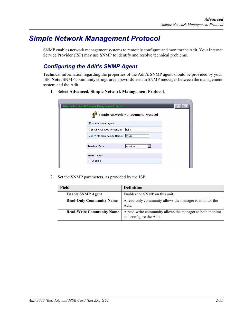 Simple network management protocol, Configuring the adit’s snmp agent, Simple network management protocol -55 | Configuring the adit’s snmp agent -55 | Carrier Access Multi-Service Router (MSR) Card MSR/Adit 3K GUI User Manual | Page 91 / 262