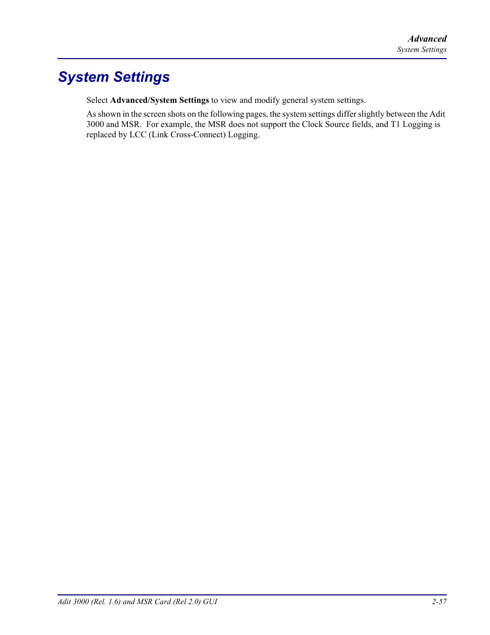 System settings, System settings -57 | Carrier Access Multi-Service Router (MSR) Card MSR/Adit 3K GUI User Manual | Page 93 / 262