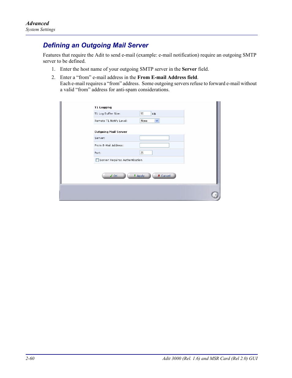Defining an outgoing mail server, Defining an outgoing mail server -60 | Carrier Access Multi-Service Router (MSR) Card MSR/Adit 3K GUI User Manual | Page 96 / 262