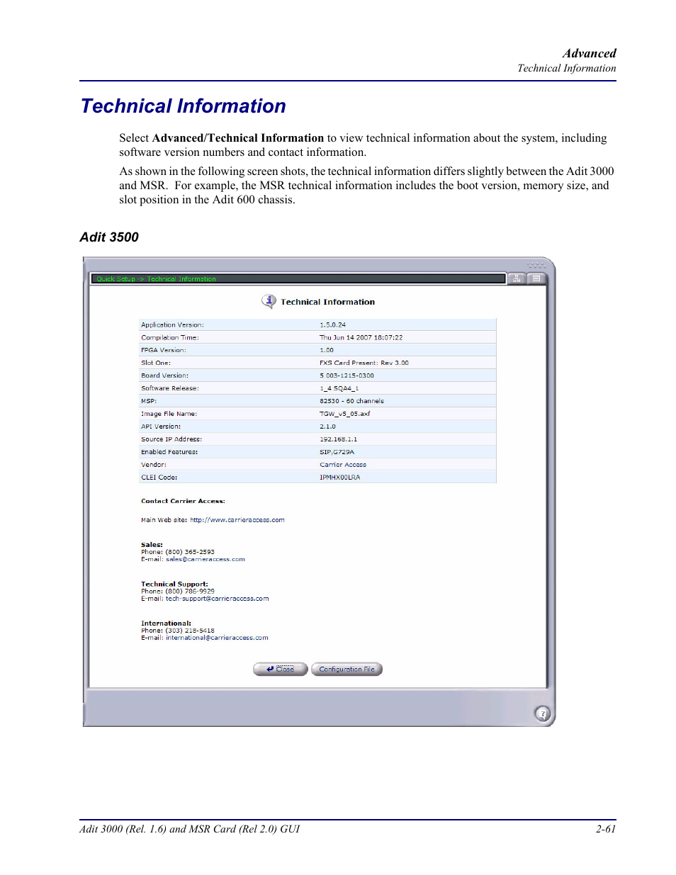 Technical information, Technical information -61 | Carrier Access Multi-Service Router (MSR) Card MSR/Adit 3K GUI User Manual | Page 97 / 262