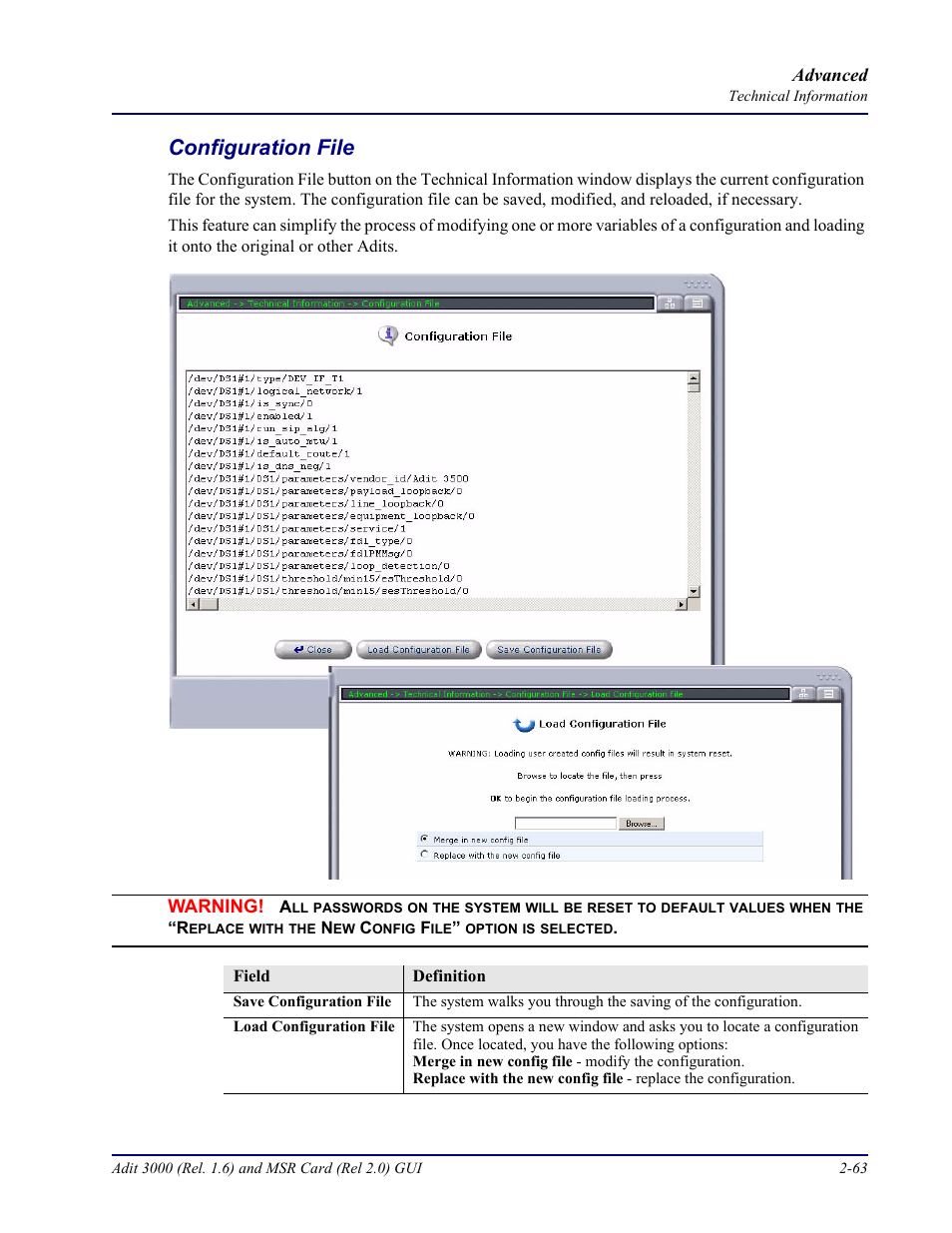 Configuration file, Configuration file -63 | Carrier Access Multi-Service Router (MSR) Card MSR/Adit 3K GUI User Manual | Page 99 / 262
