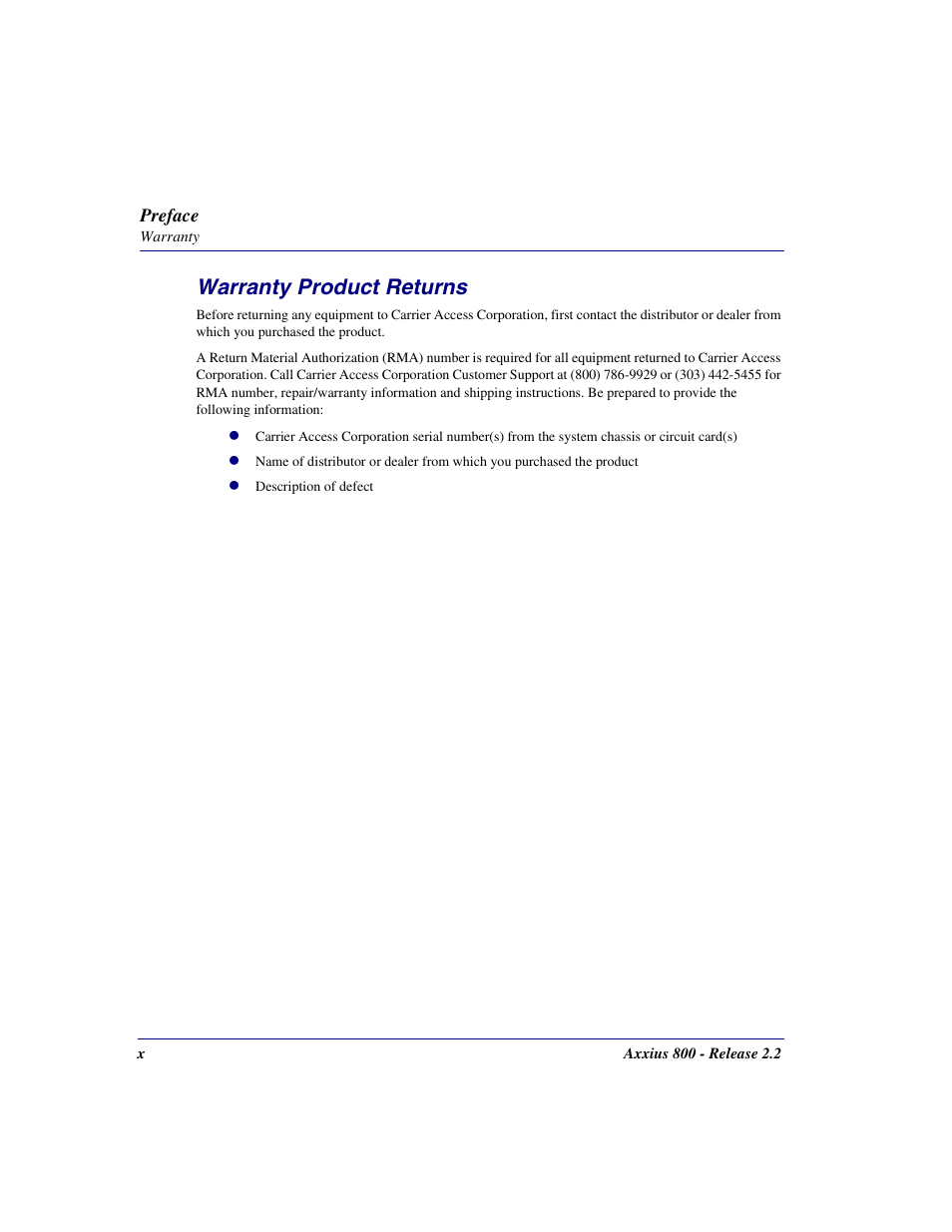 Warranty product returns | Carrier Access Network Device Axxius 800 User Manual | Page 10 / 568