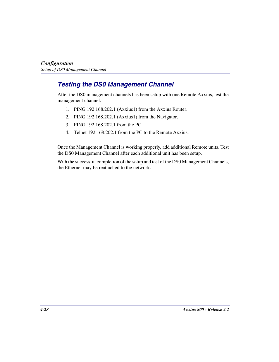 Testing the ds0 management channel, Testing the ds0 management channel -28 | Carrier Access Network Device Axxius 800 User Manual | Page 100 / 568