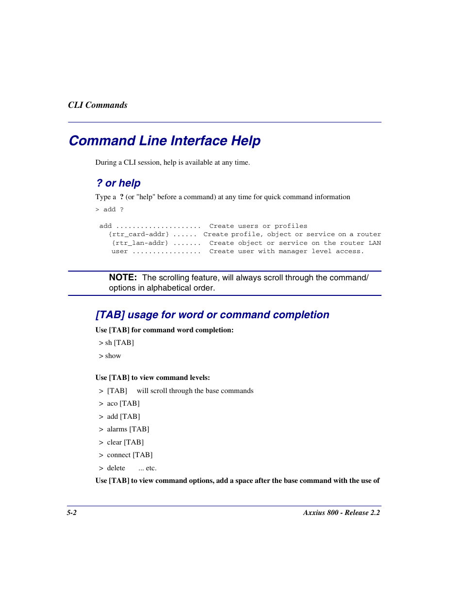 Command line interface help, Or help, Tab] usage for word or command completion | Command line interface help -2 | Carrier Access Network Device Axxius 800 User Manual | Page 102 / 568