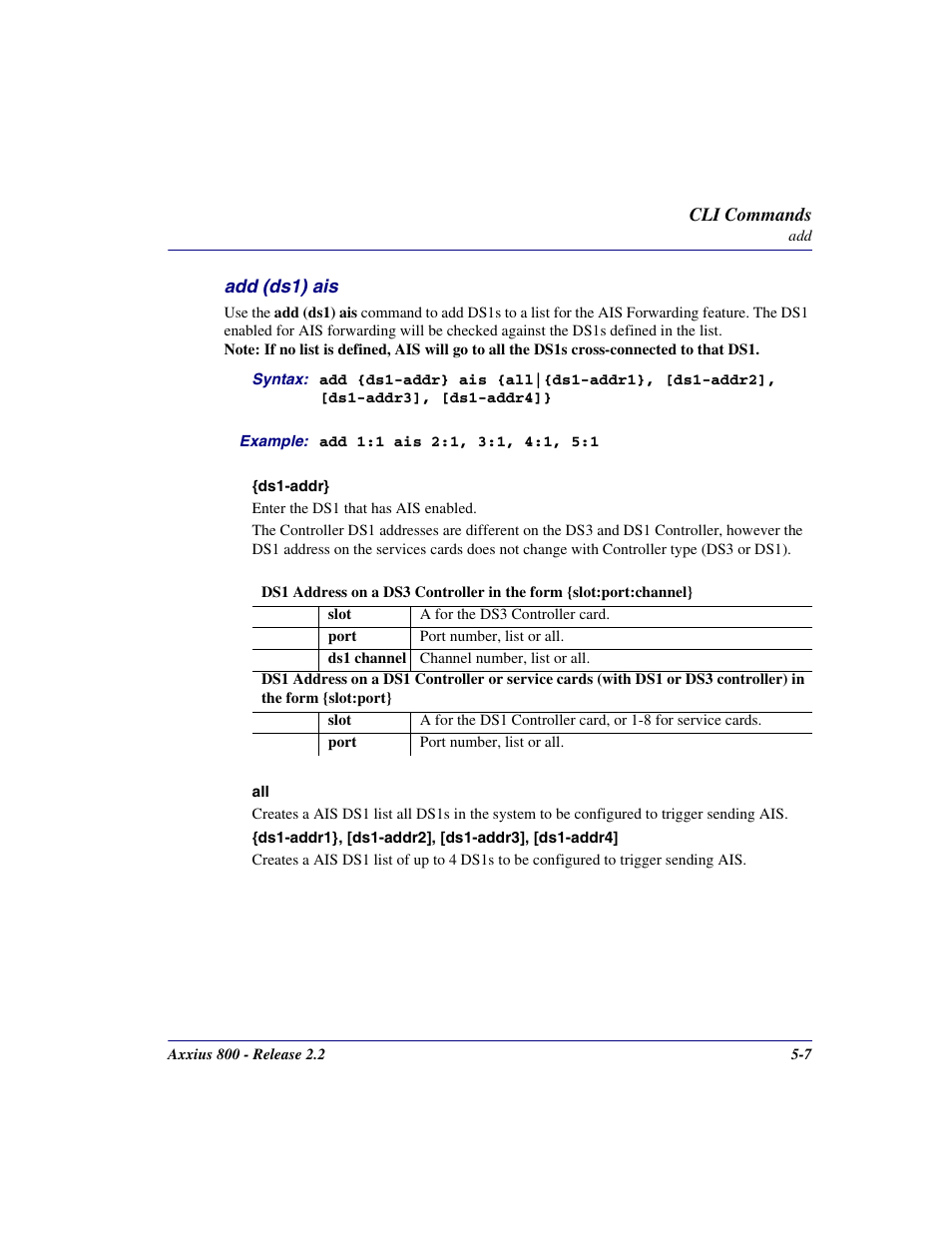 Add (ds1) ais, Add (ds1) ais -7 | Carrier Access Network Device Axxius 800 User Manual | Page 107 / 568