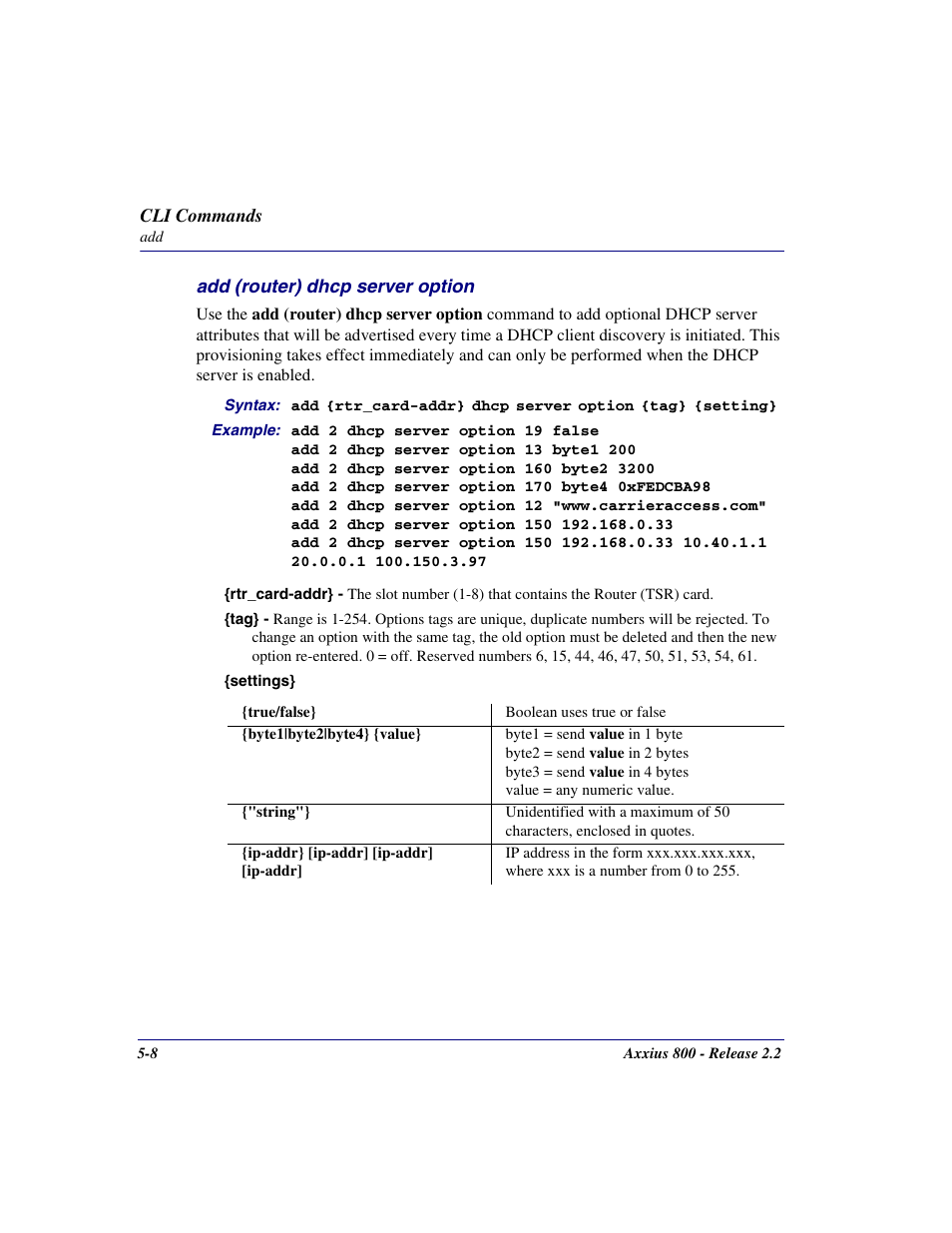Add (router) dhcp server option, Add (router) dhcp server option -8 | Carrier Access Network Device Axxius 800 User Manual | Page 108 / 568