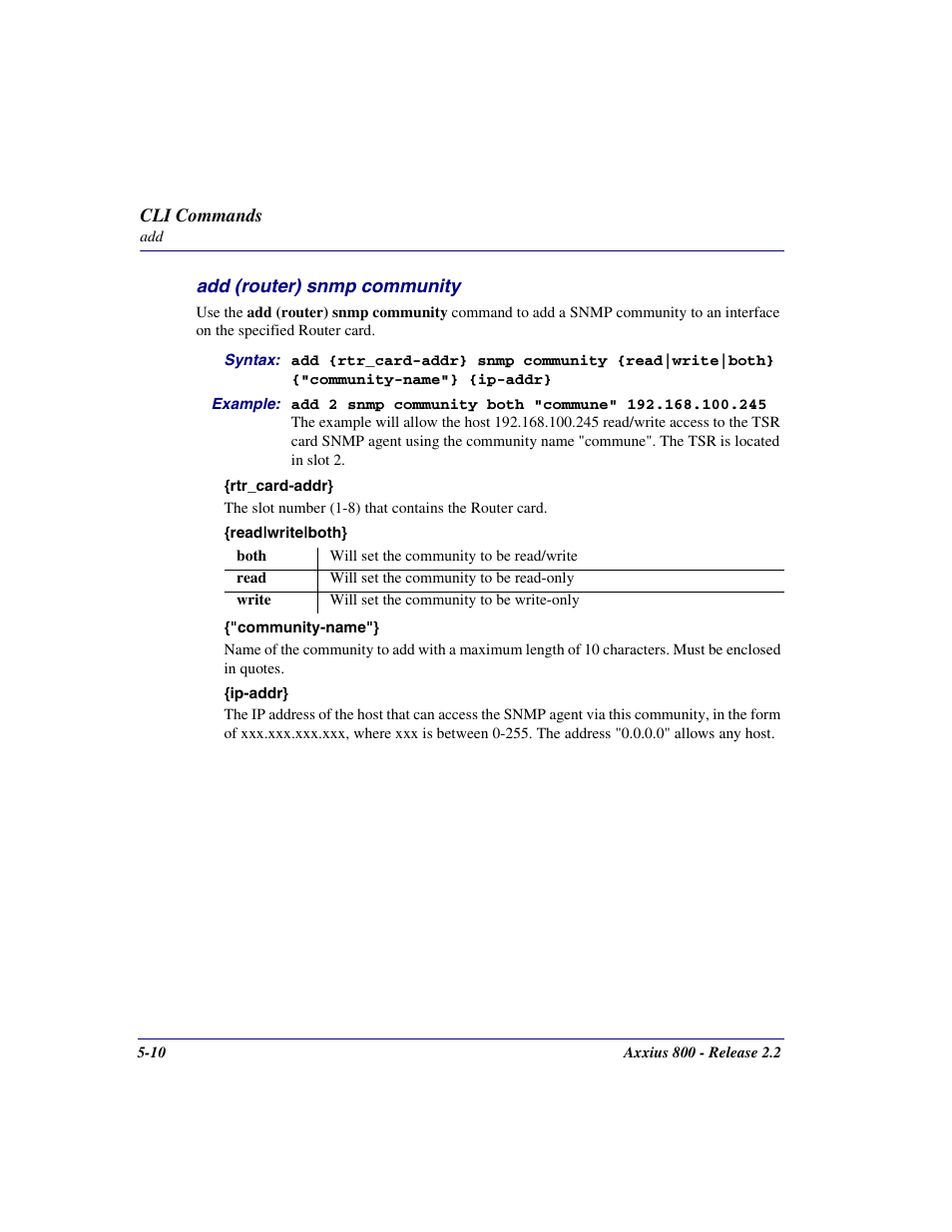 Add (router) snmp community, Add (router) snmp community -10 | Carrier Access Network Device Axxius 800 User Manual | Page 110 / 568