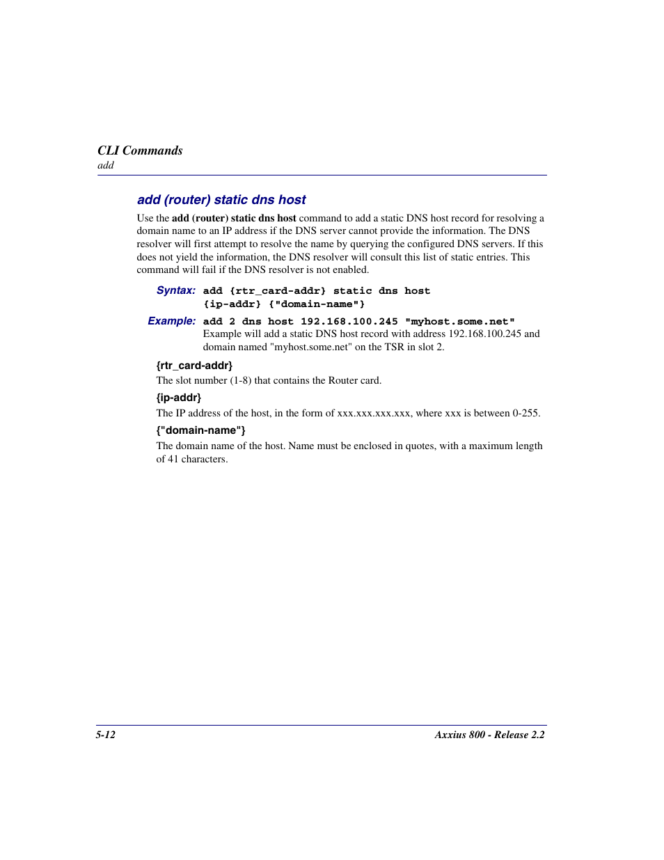 Add (router) static dns host, Add (router) static dns host -12 | Carrier Access Network Device Axxius 800 User Manual | Page 112 / 568