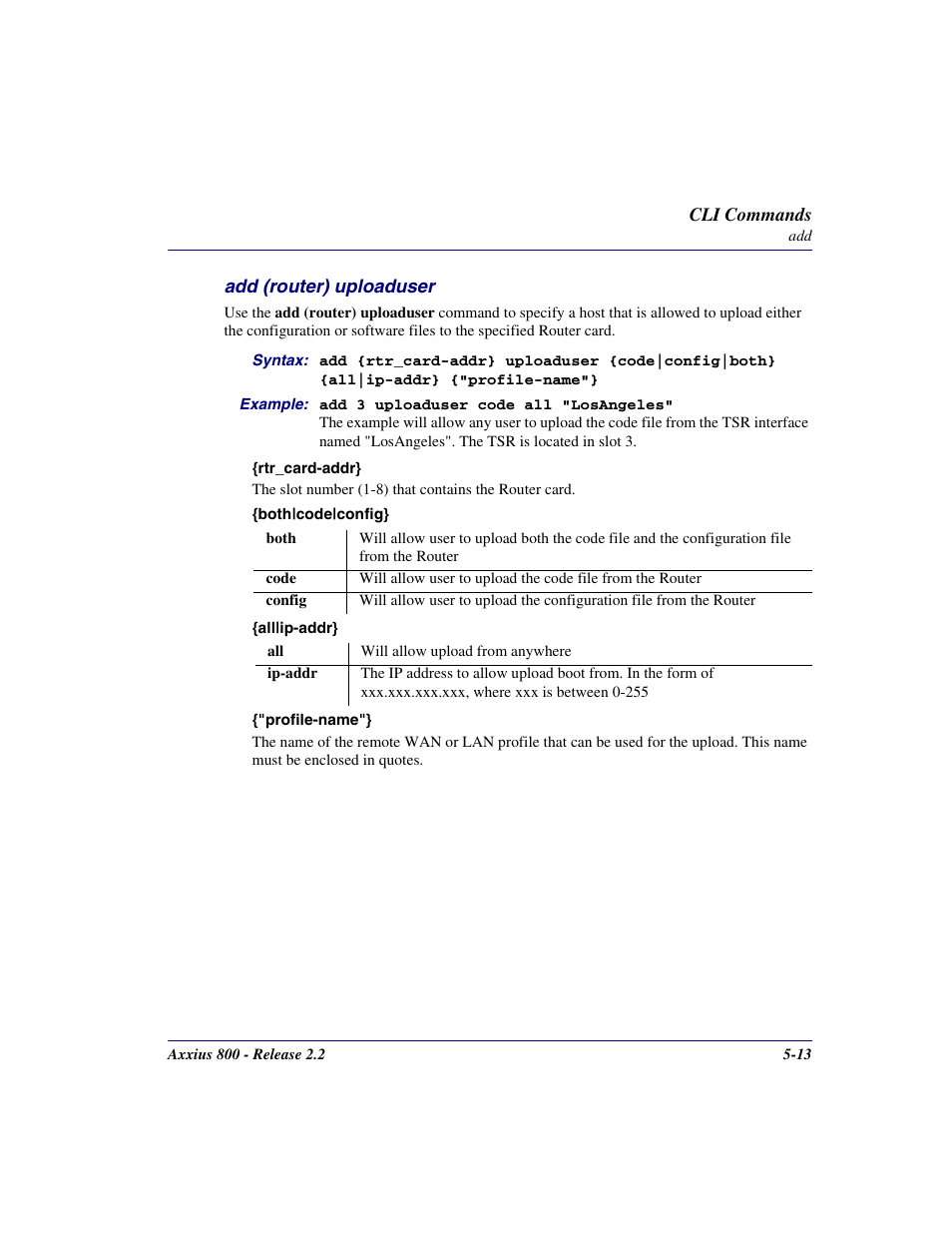 Add (router) uploaduser, Add (router) uploaduser -13 | Carrier Access Network Device Axxius 800 User Manual | Page 113 / 568