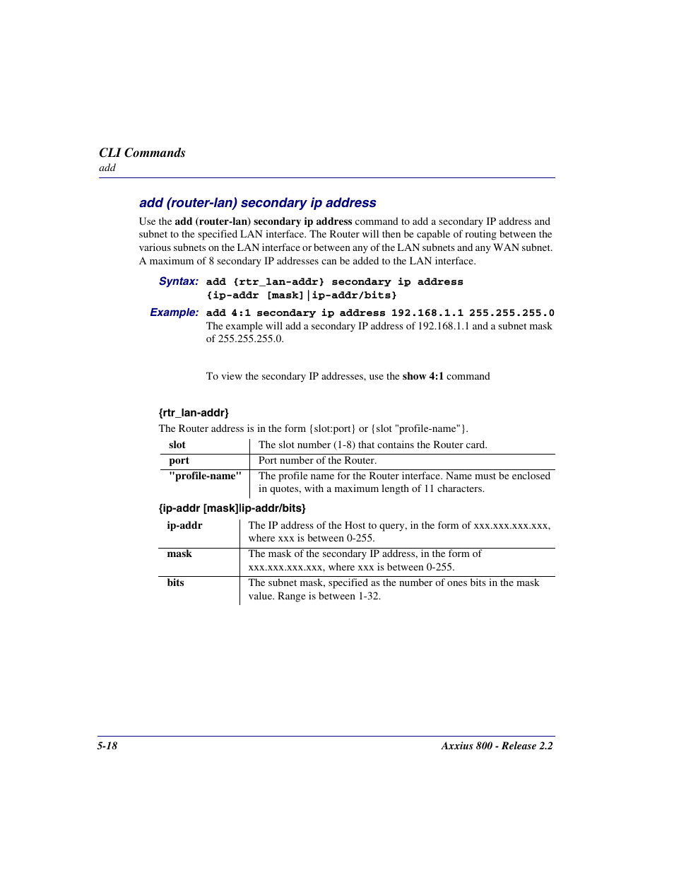 Add (router-lan) secondary ip address, Add (router-lan) secondary ip address -18 | Carrier Access Network Device Axxius 800 User Manual | Page 118 / 568