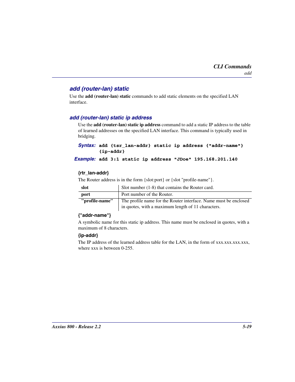 Add (router-lan) static, Add (router-lan) static -19 | Carrier Access Network Device Axxius 800 User Manual | Page 119 / 568