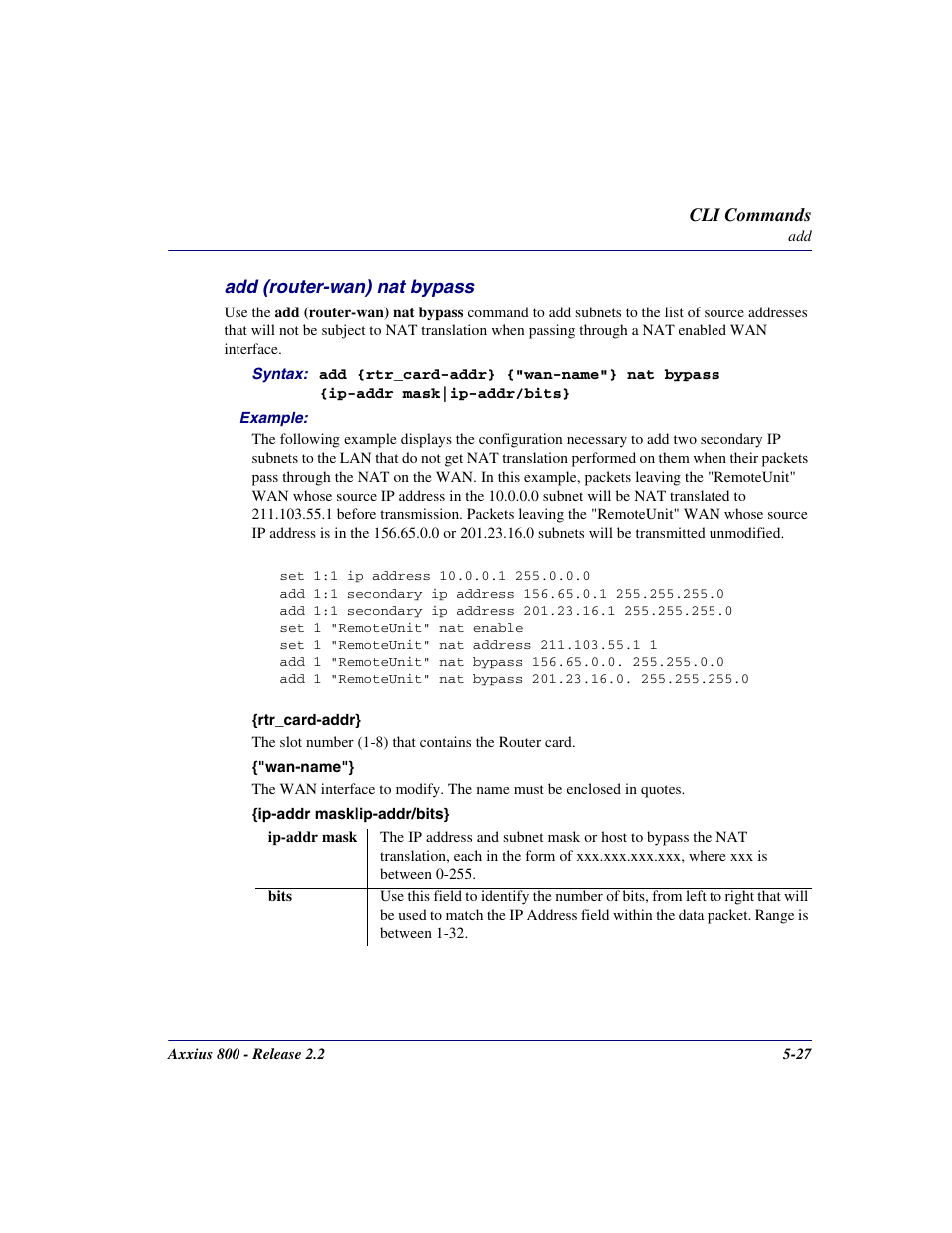 Add (router-wan) nat bypass, Add (router-wan) nat bypass -27 | Carrier Access Network Device Axxius 800 User Manual | Page 127 / 568