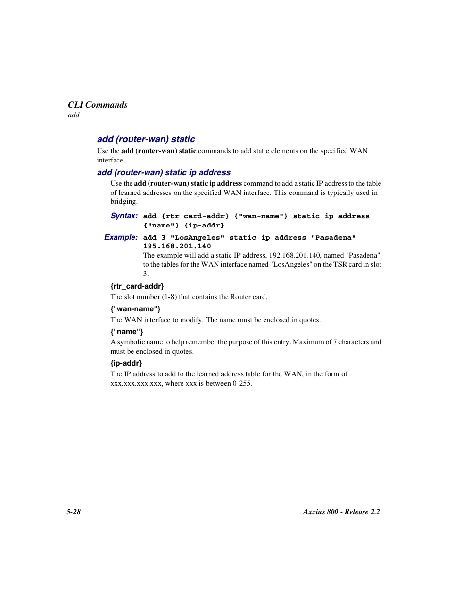 Add (router-wan) static, Add (router-wan) static -28 | Carrier Access Network Device Axxius 800 User Manual | Page 128 / 568