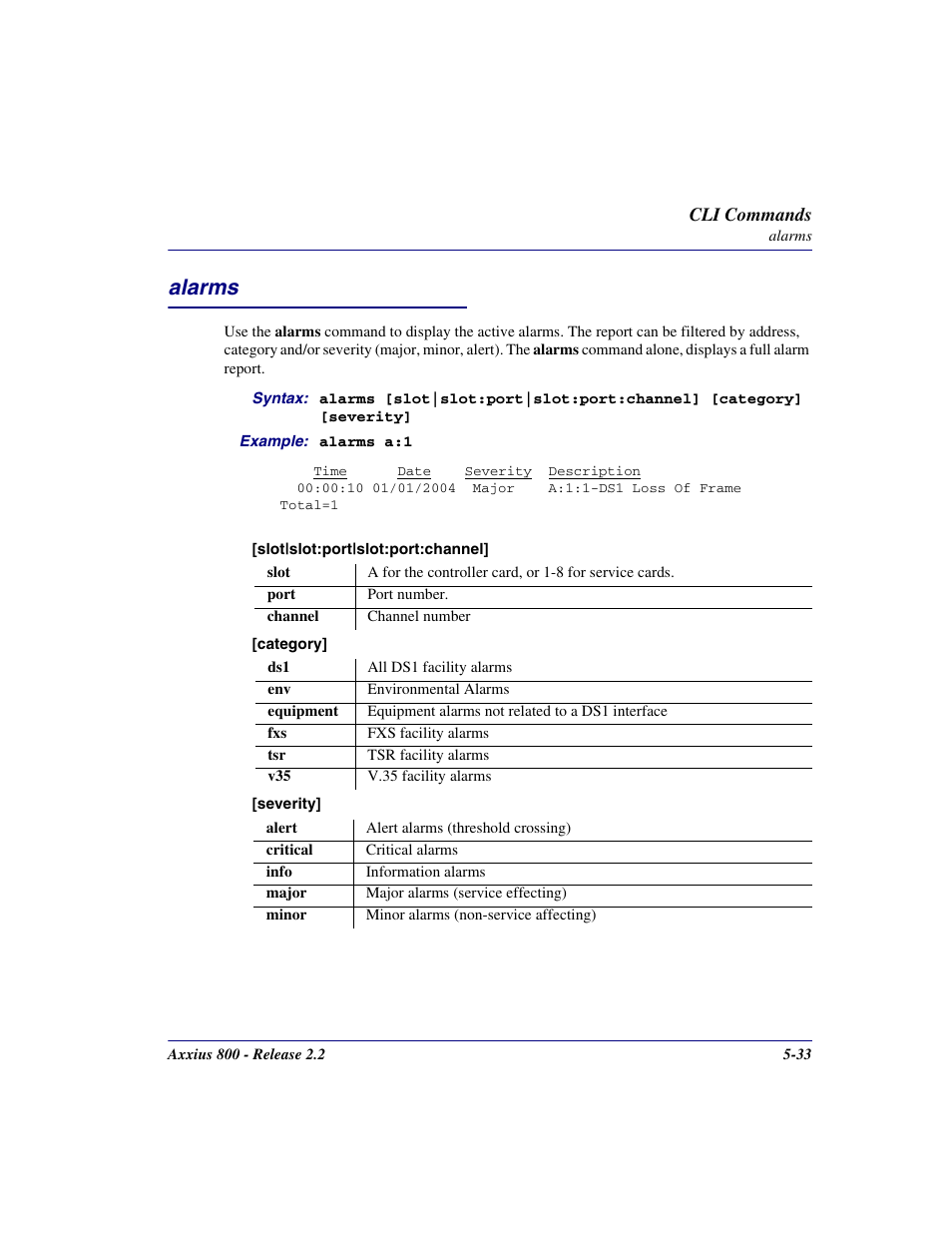 Alarms, Alarms -33 | Carrier Access Network Device Axxius 800 User Manual | Page 133 / 568