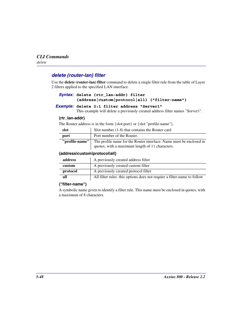Delete (router-lan) filter, Delete (router-lan) filter -48 | Carrier Access Network Device Axxius 800 User Manual | Page 148 / 568